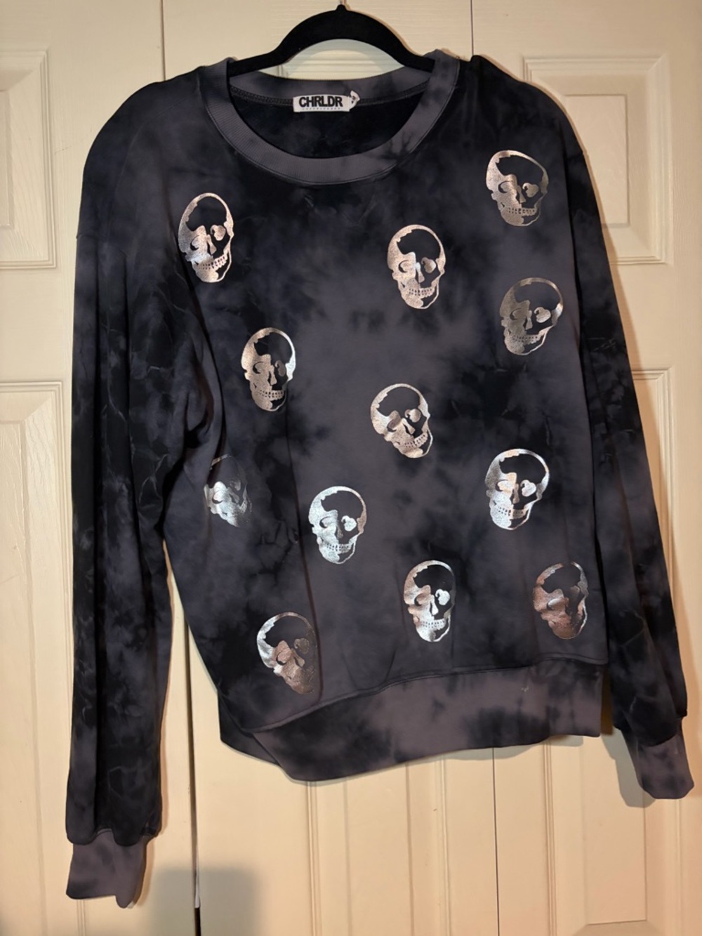 CHRLDR Black Tie-Dye Crewneck with Metallic Skull Prints
